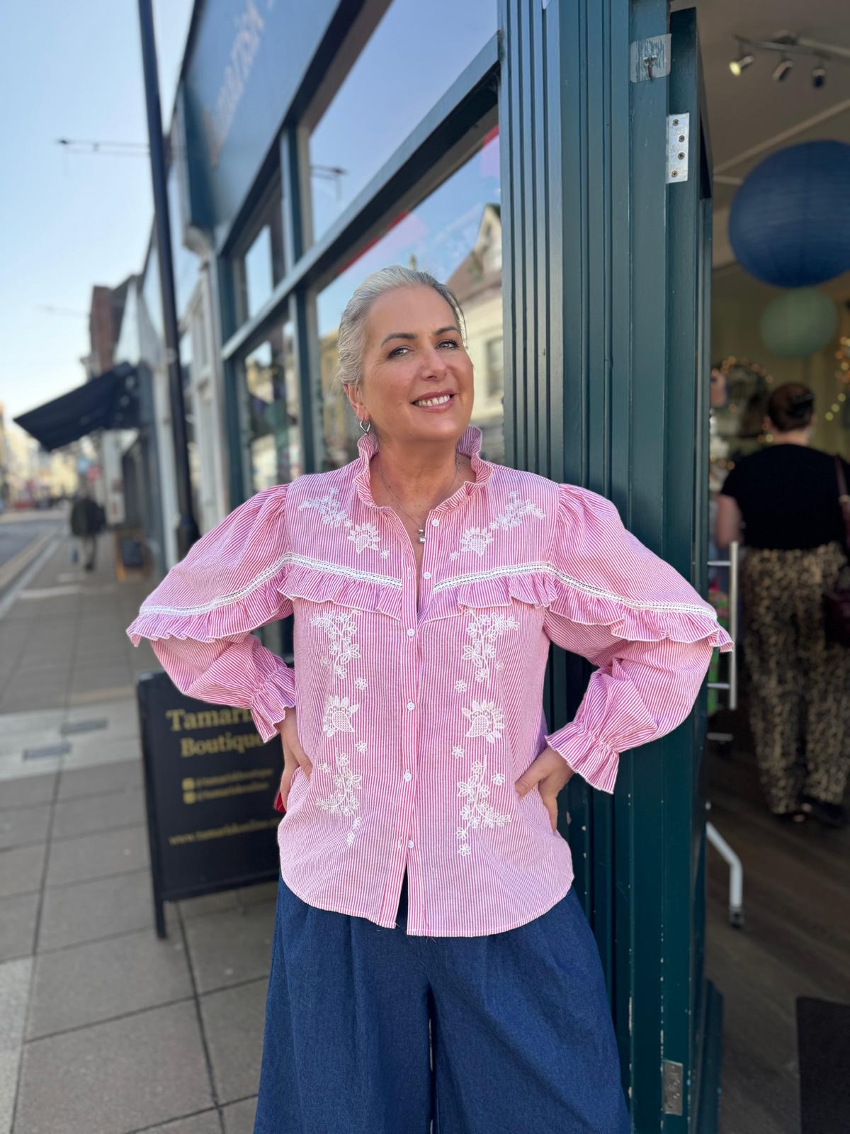 Iris Candy Stripe Frill & Embroidery Trim Blouse With Pie Crust Collar - Pink Or Blue