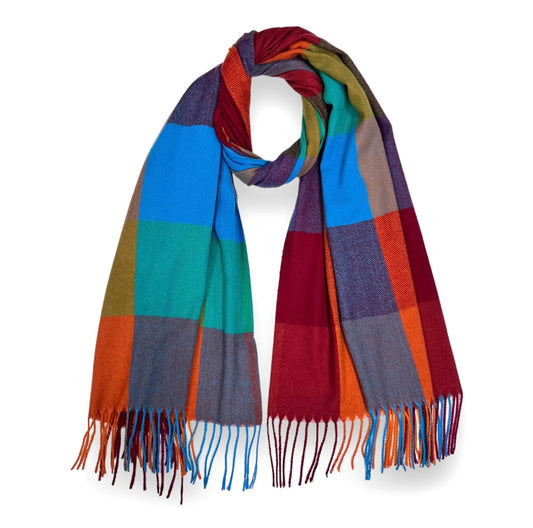 Quality Street Checked Pashmina Style Scarf - Bright Blue, Orange, Aqua & Burgundy