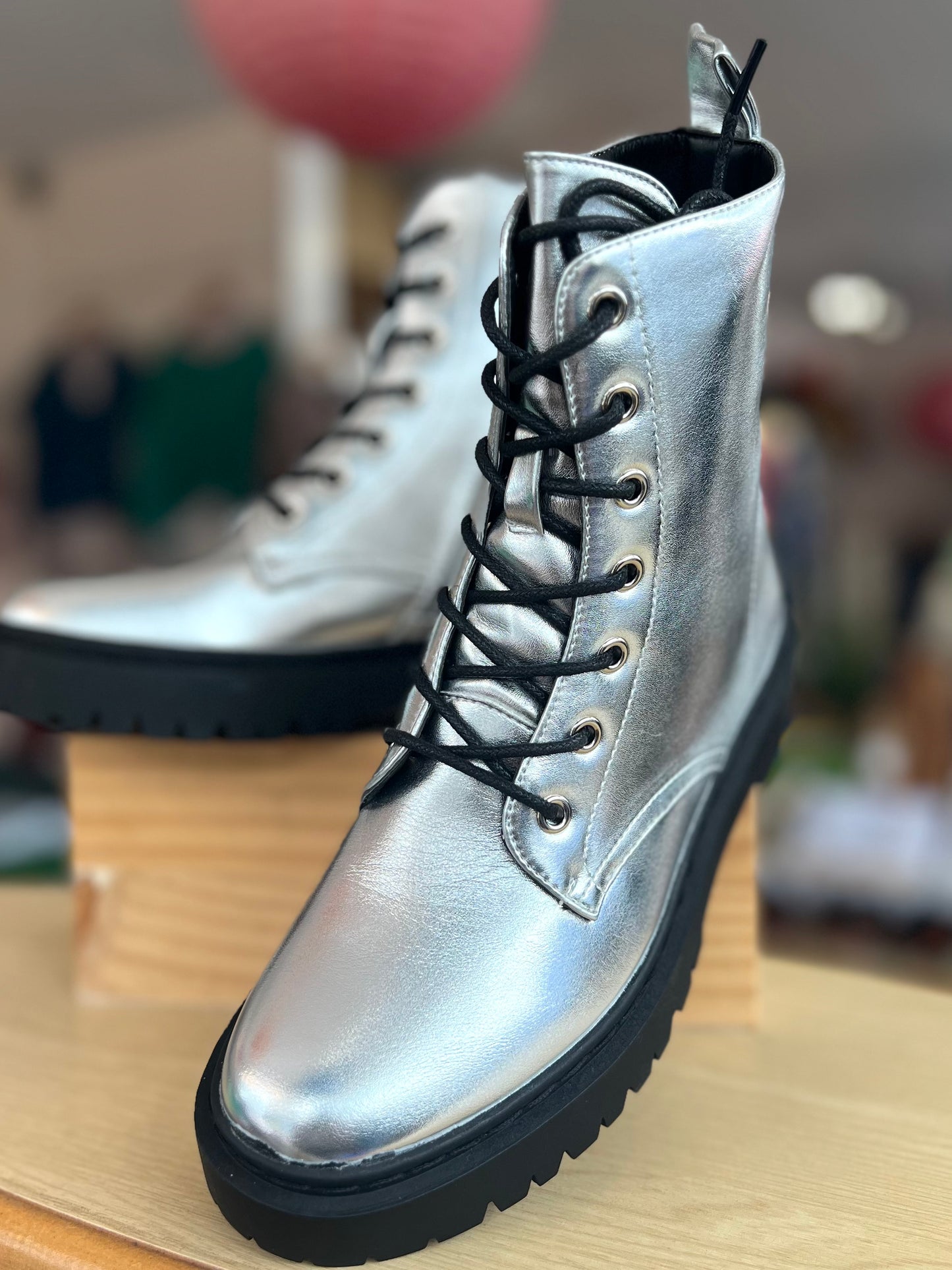 Kiki Silver Thick Soled Lace Up Boots