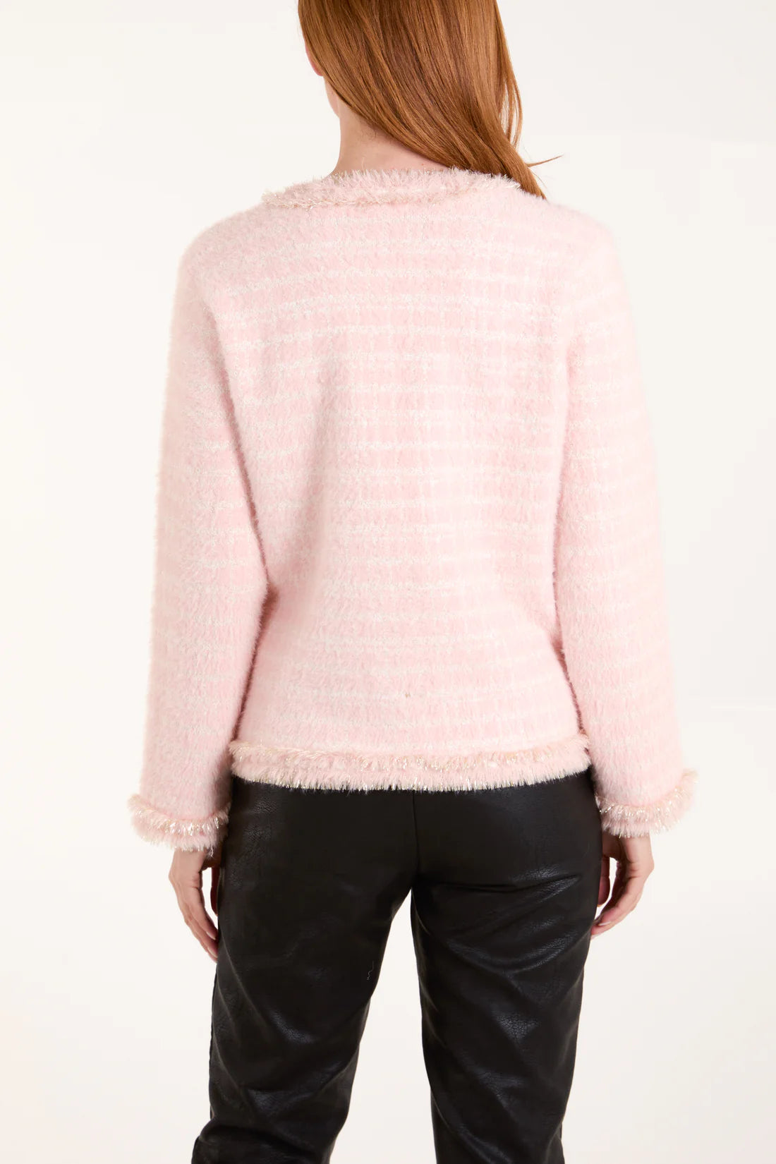 Coco Boucle Frayed Edge Pearl Button Trim Round Neck Knitted Jacket - Pastel Pink Or Cream