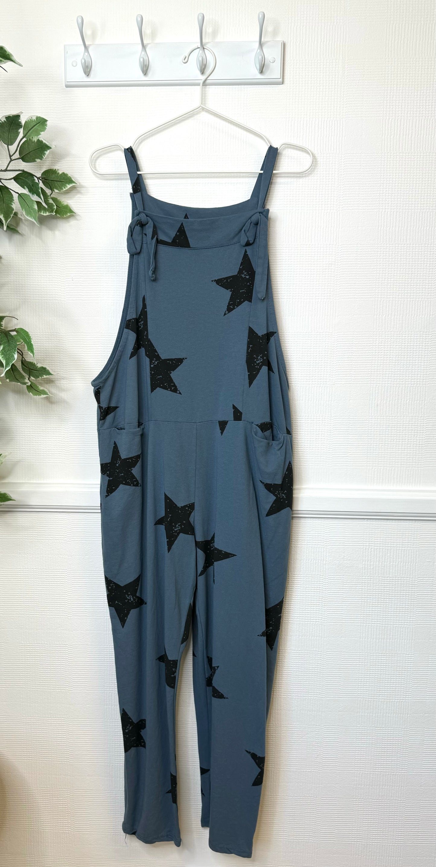 Star Print Slate Blue Jersey Dungarees With Tie Fastening