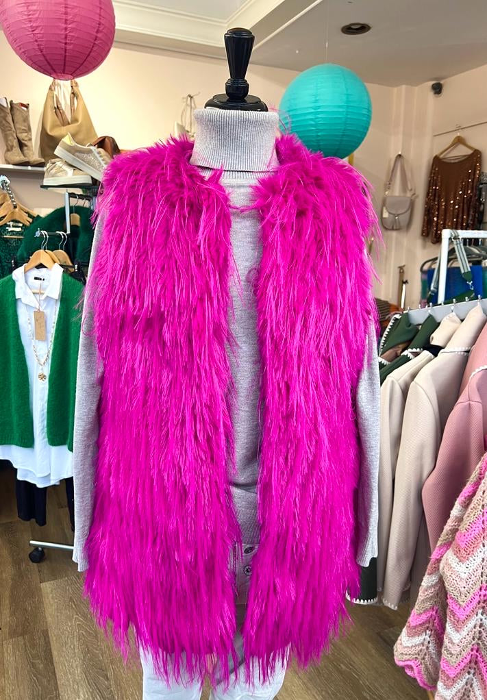 Shake A Tail Feather Magenta Pink Shaggy Faux Fur Gilet
