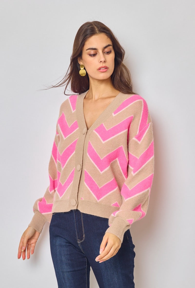 Amelia Zig Zag Soft Knit Cardigan  - Pink & Beige