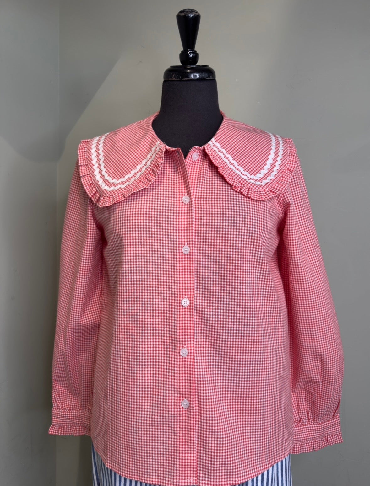Charlotte Red Gingham Shirt With Large Pilgrim Collar With Ric Rac Trim