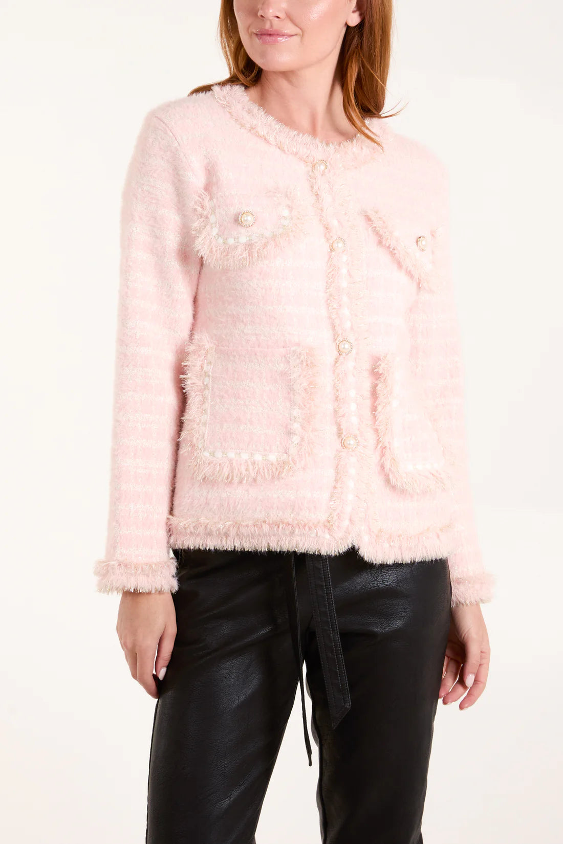 Coco Boucle Frayed Edge Pearl Button Trim Round Neck Knitted Jacket - Pastel Pink Or Cream