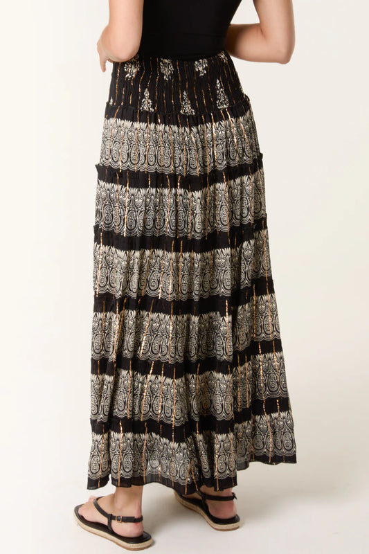 Katie Embellished Black Lurex Stripe Boho Tiered Maxi Skirt