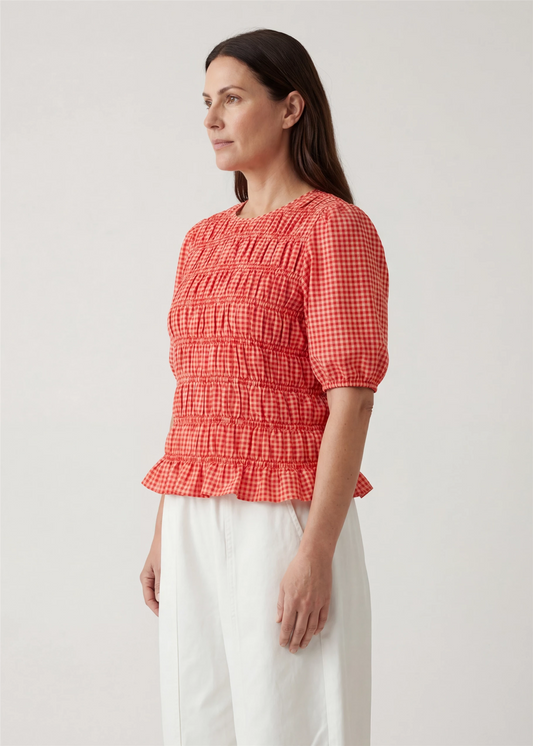 Eve Coral Shirred Bodice Gingham Top