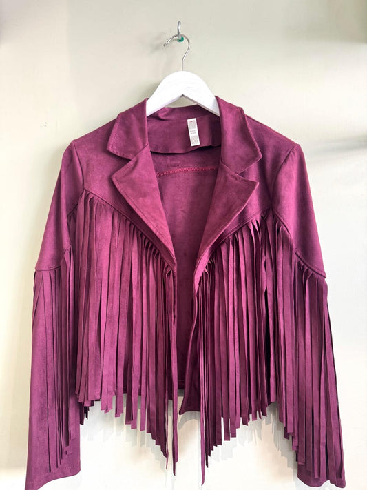 Lauren Boho Faux Suede Fringed Biker Jacket - Tan Brown Or Burgundy Wine