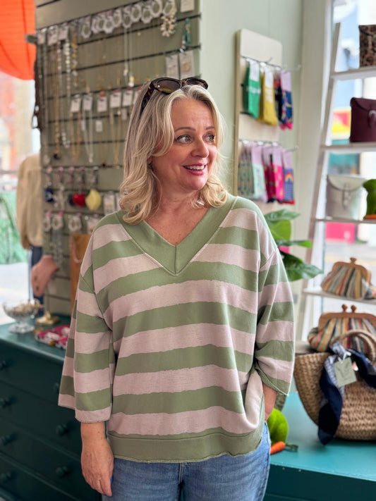 Jeanie V Neck Wide Stripe Lightweight Sweatshirt- Khaki & Stone