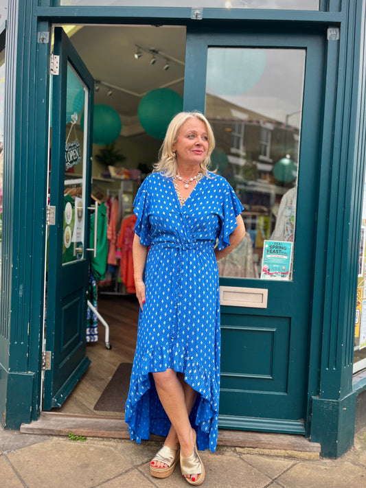 Willow Angel Sleeve Faux Wrap Dress With Hi/Lo Hem - Pink Or Blue Tile Print