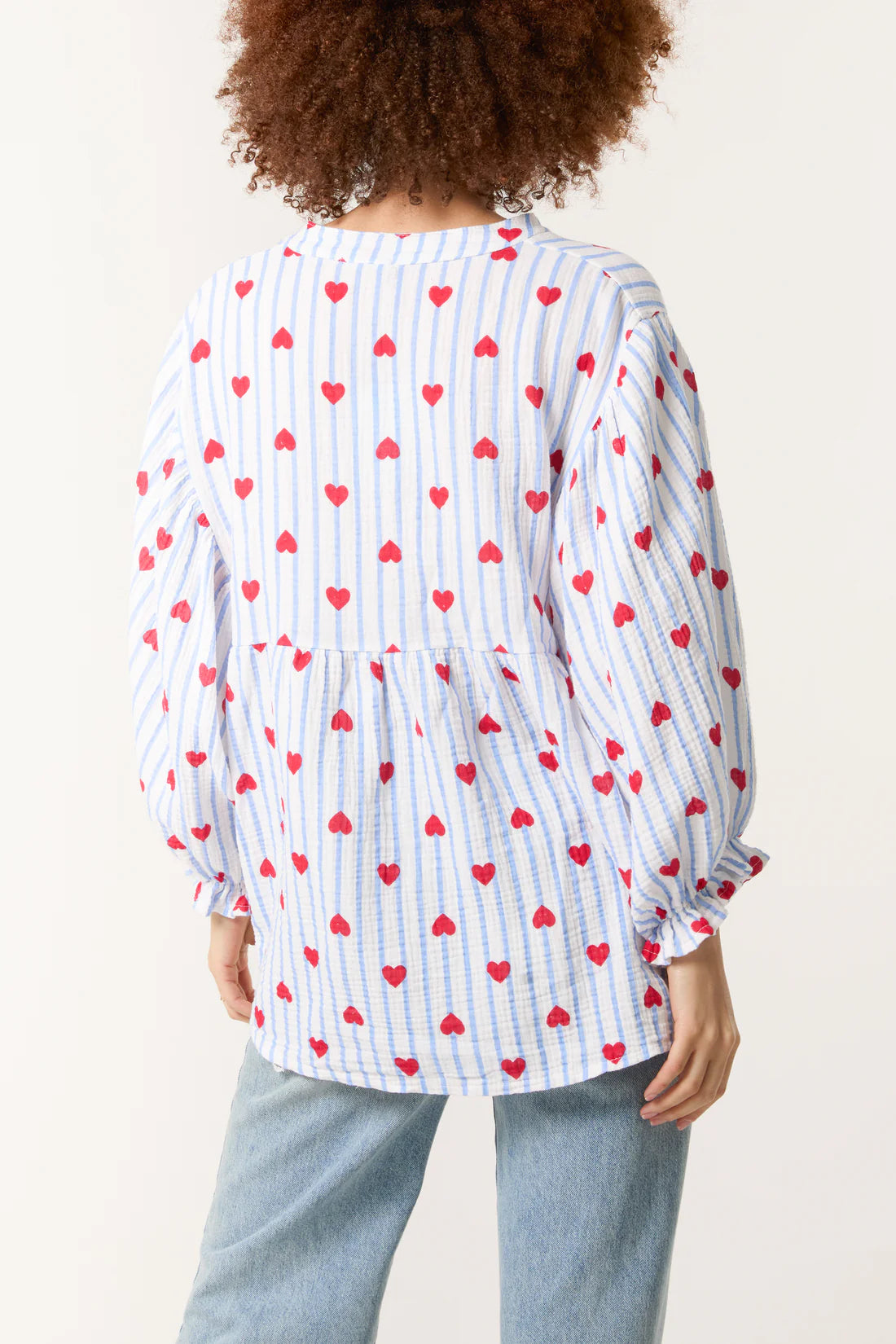 Tamarisk Curve Cotton Cheesecloth Blouse - Blue & White Or Pink & White With Hearts