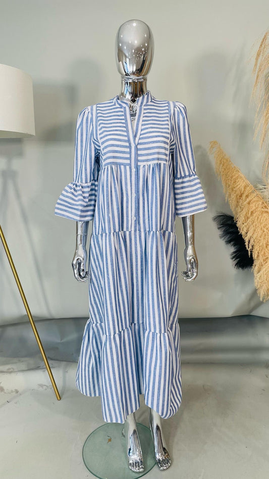 Olivia Blue & White Striped Loose Tiered Maxi Dress