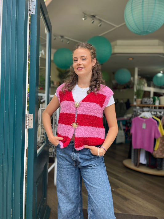 Mimi Pink & Red Fluffy Knitted Waistcoat With Large Gold Sun Brooch Fasteners