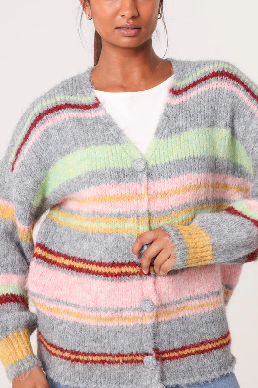 Jackie Cosy Knit Striped Boyfriend Cardigan- Grey Multi
