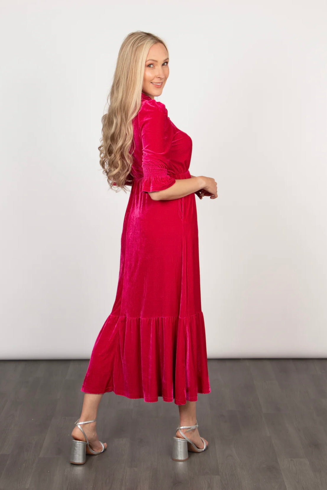 Nigella Fuchsia Pink Velvet Midi Dress