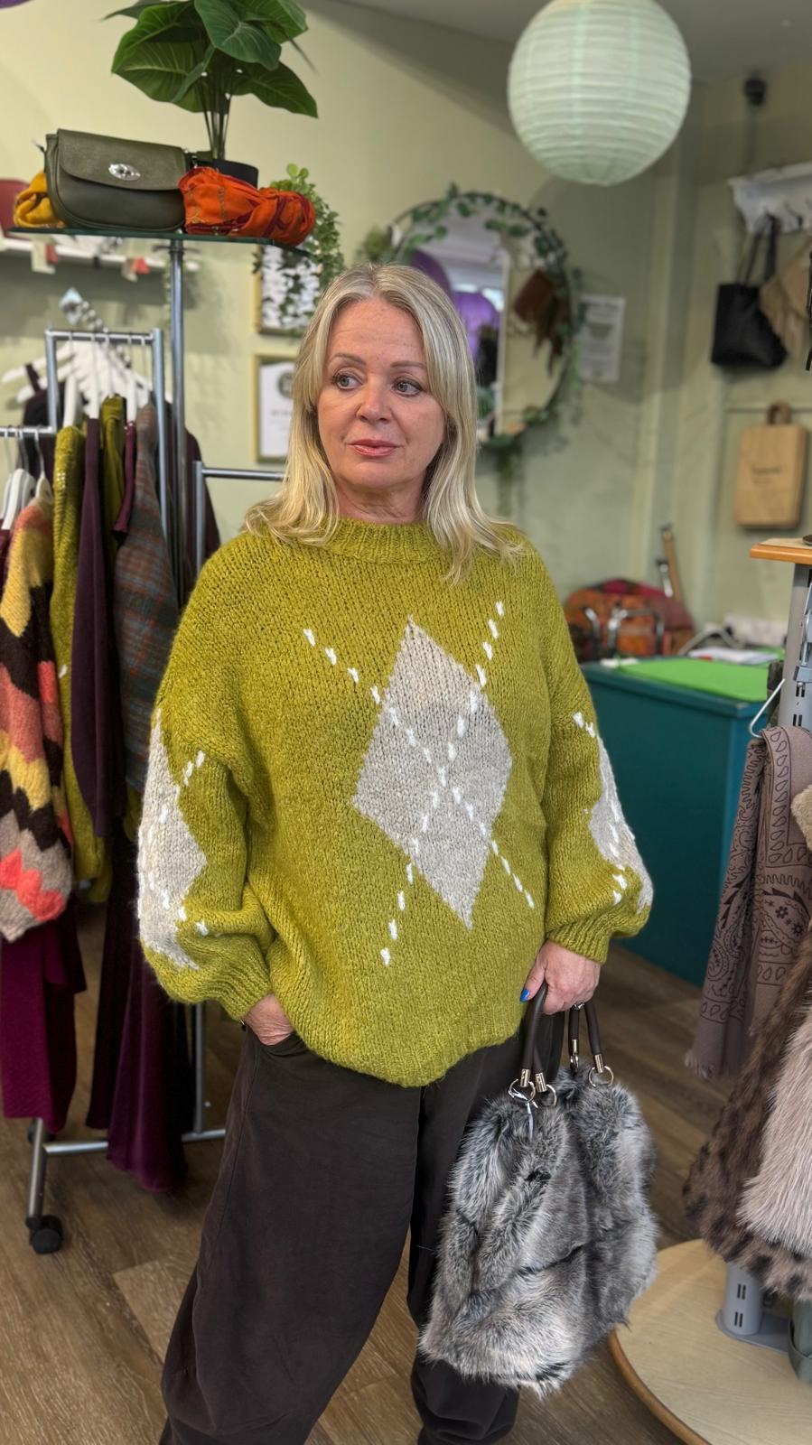  Chartreuse Green Argyll Knit Cosy Jumper