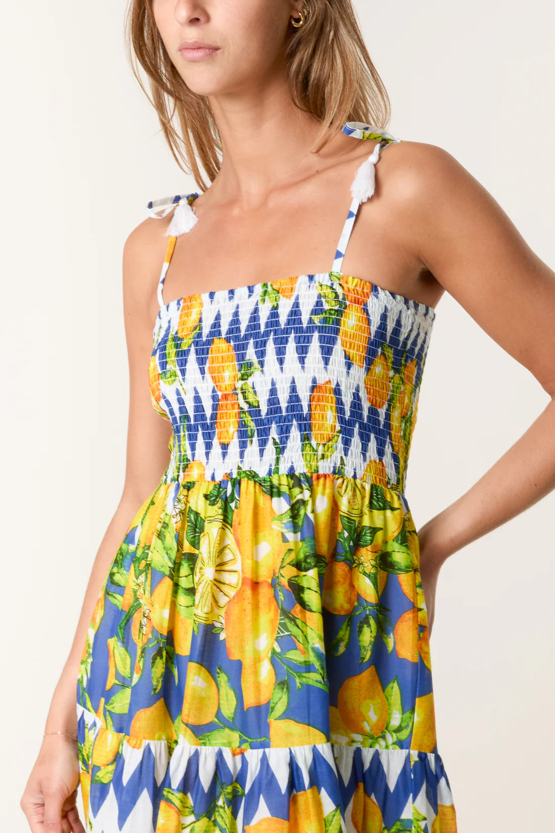Scala Lemon Print Shirred Bandeau Maxi Sun Dress - Blue & Yellow