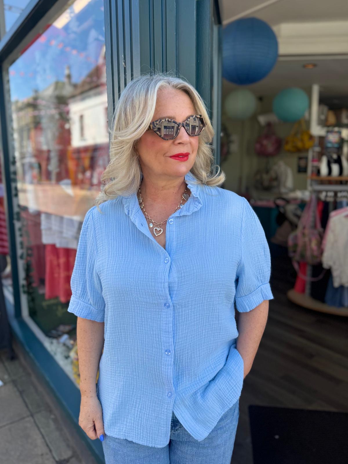 Emily Cotton Cheesecloth Short Sleeved Blouse With Piecrust Collar