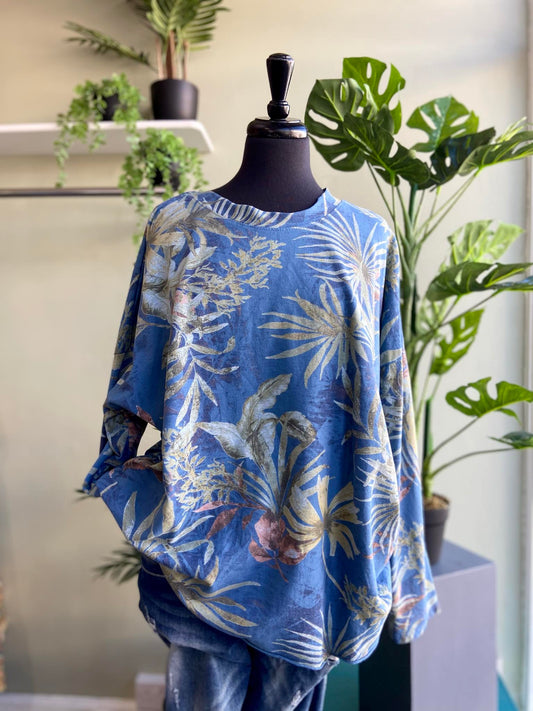 Candice Palm Print Lightweight Sweatshirt - Denim Blue