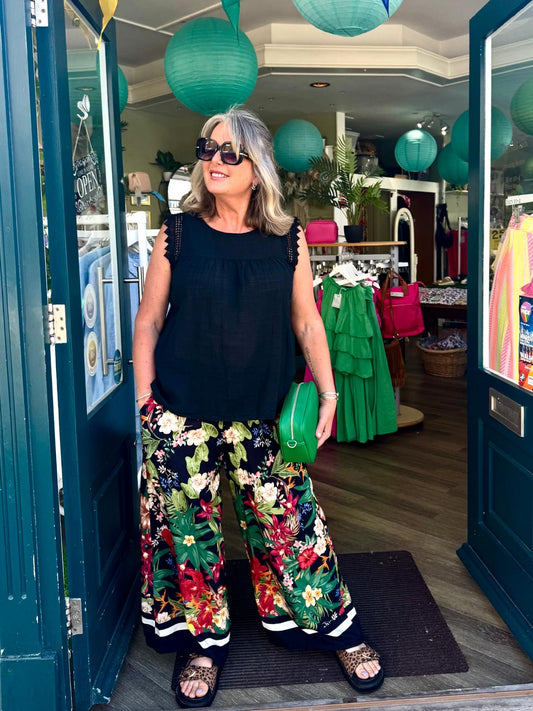 Ivy Black Floral Wide Leg Trousers With Stripe Border