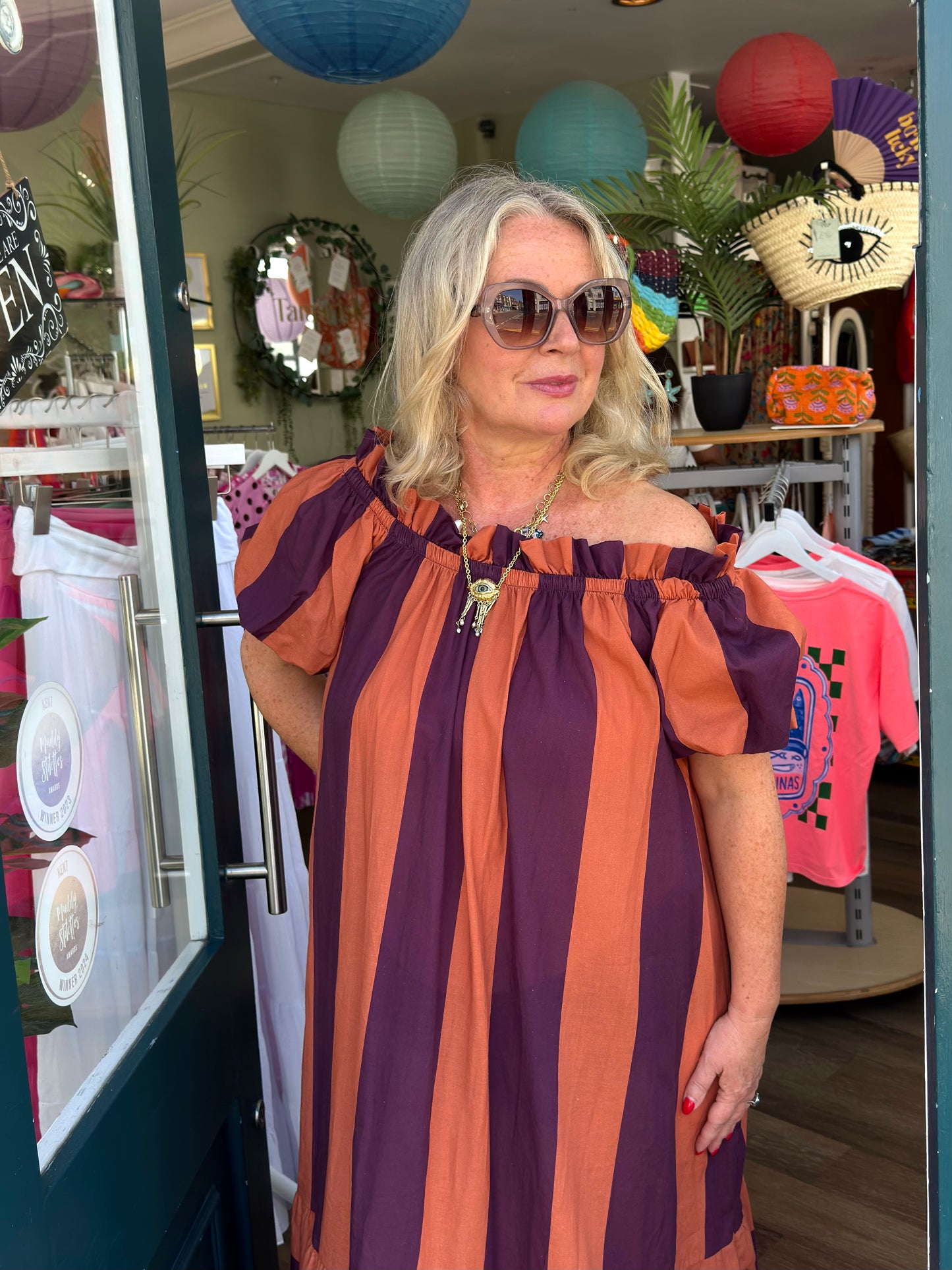 Saffron Oversized Striped Bardot Maxi Dress