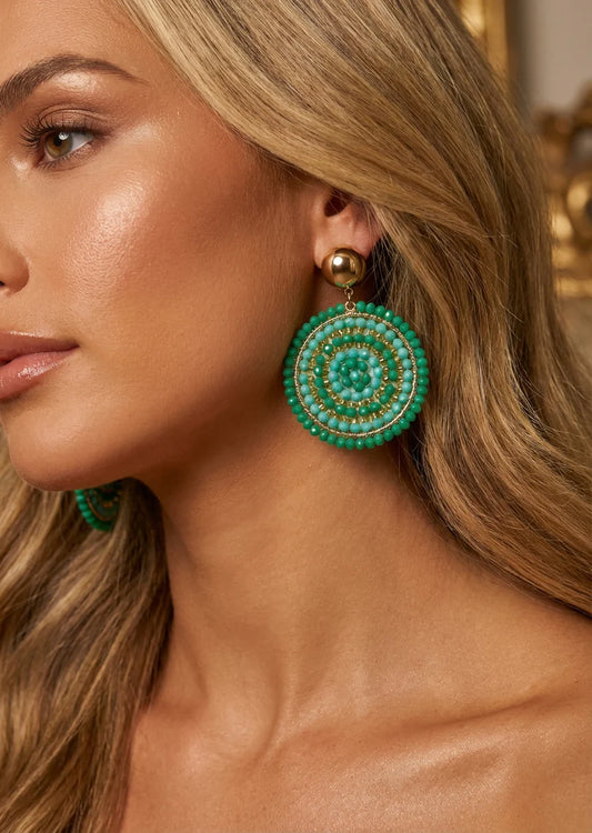 Envy Jewellery Large Circular Drop Turquoise & Green Beaded Boho Earrings