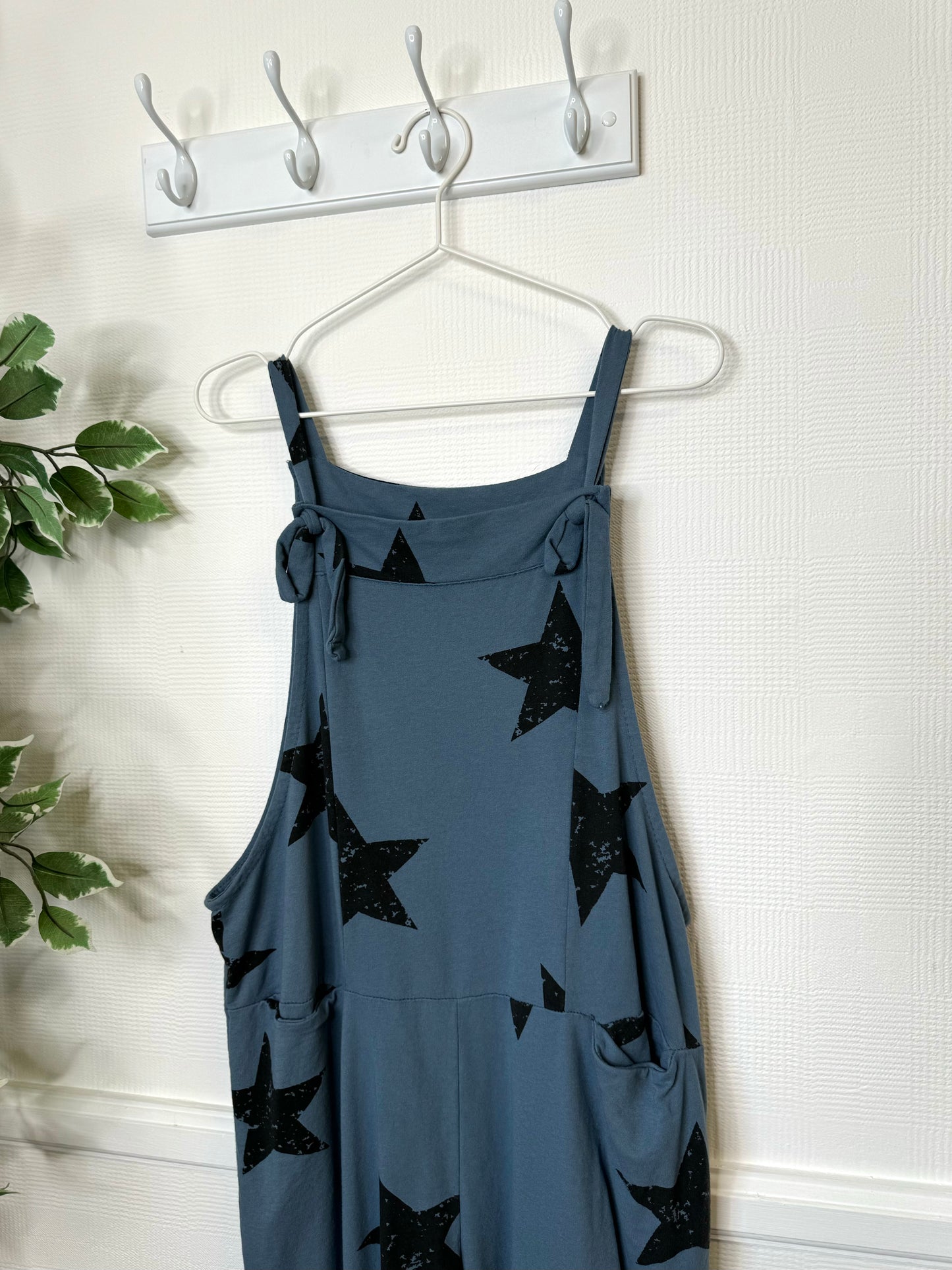 Star Print Slate Blue Jersey Dungarees With Tie Fastening