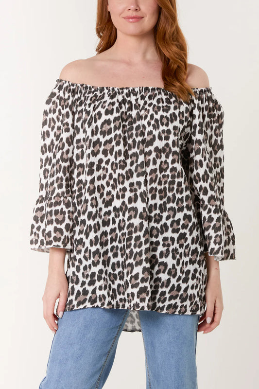 Carolina Cotton Cheesecloth Bardot Smock Top - Leopard Print - 3 Colours