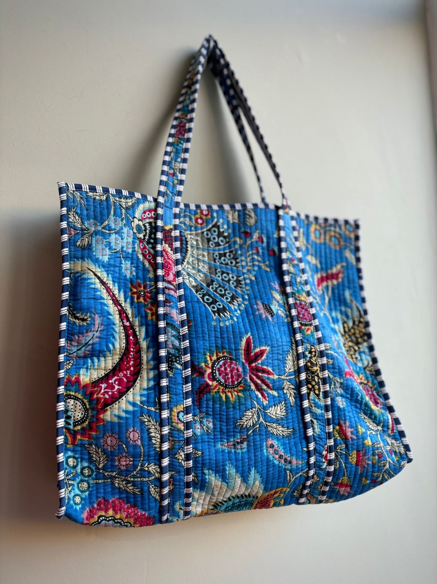 Quilted Kantha Bag With Striped Lining - 100% Cotton- Cerise Pink Or Blue Paisley