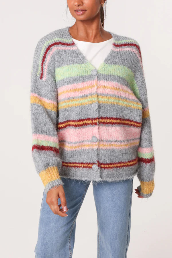 Jackie Cosy Knit Striped Boyfriend Cardigan- Grey Multi