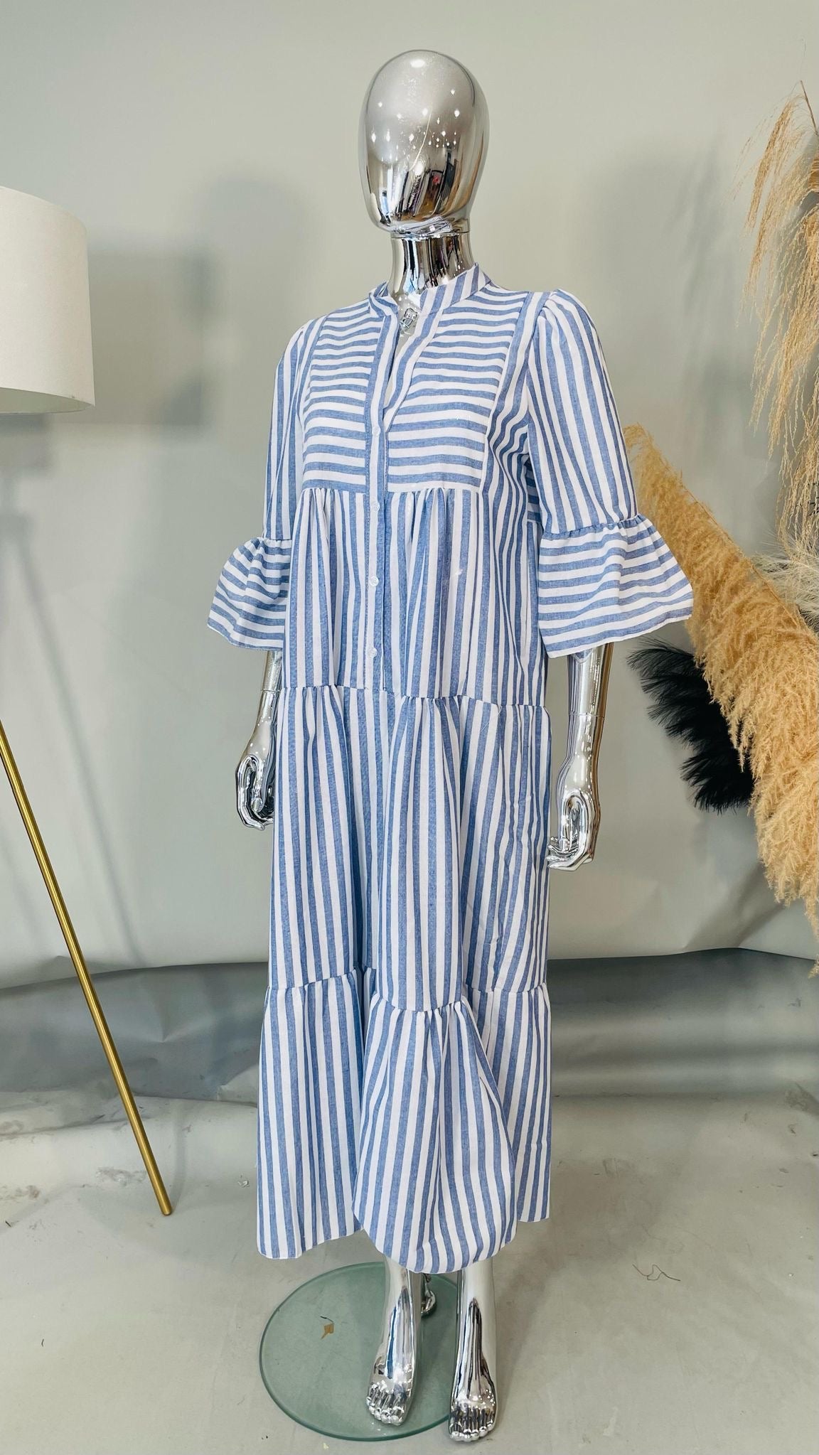 Olivia Blue & White Striped Loose Tiered Maxi Dress