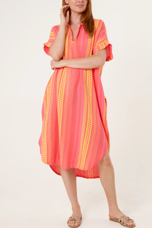 Joss Aztec Stripe Cheesecloth Loose Shirt Dress - Pink Or Orange