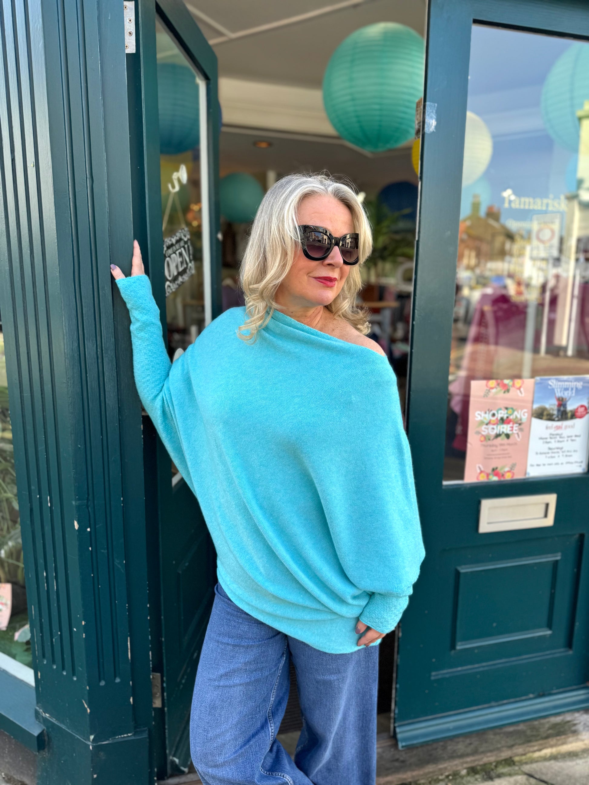 Asymmetric Draped Super Slouchy Batwing Long Jumper azure blue 