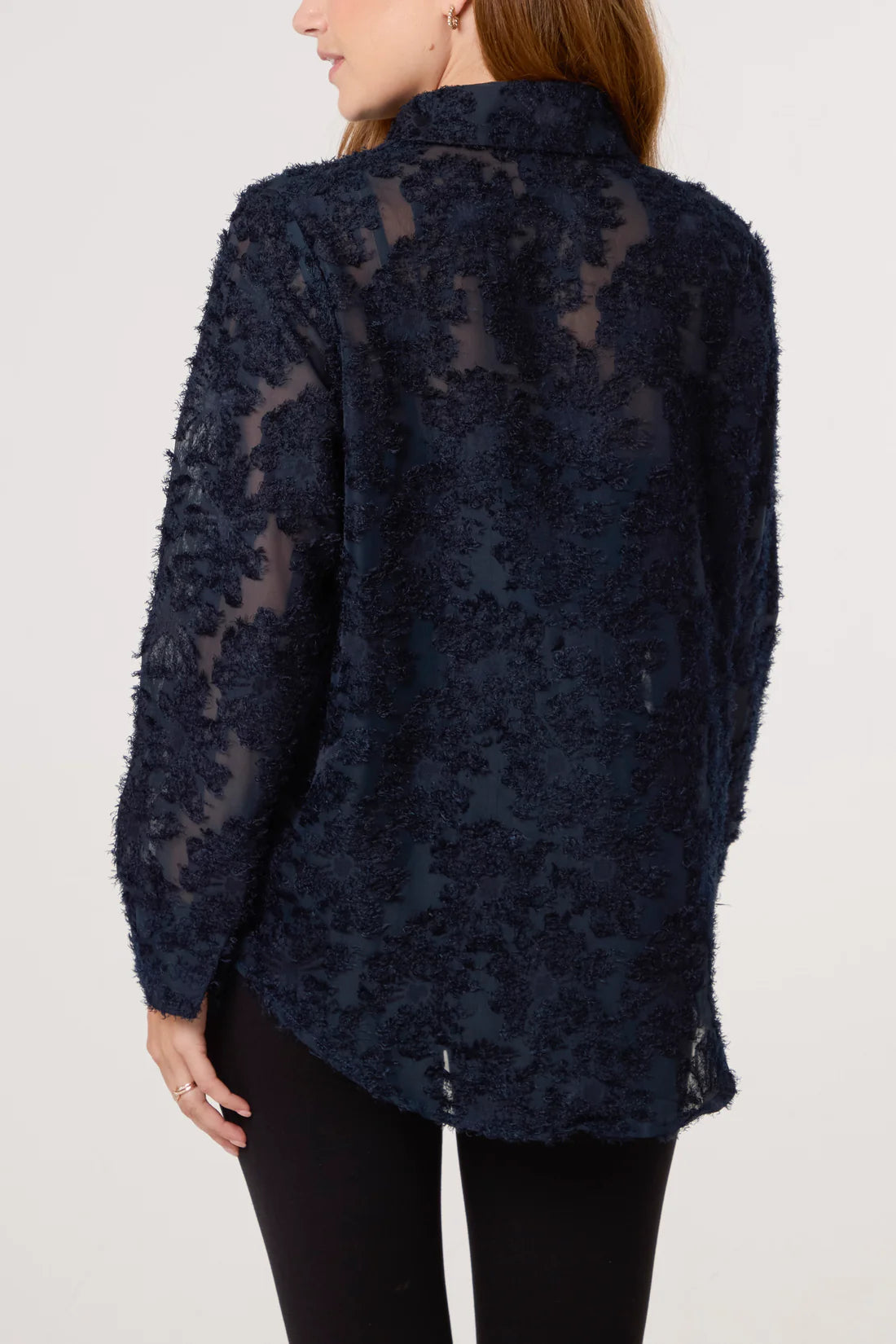 Chrissie Navy  Devore Floral Shirt With Satin Camisole