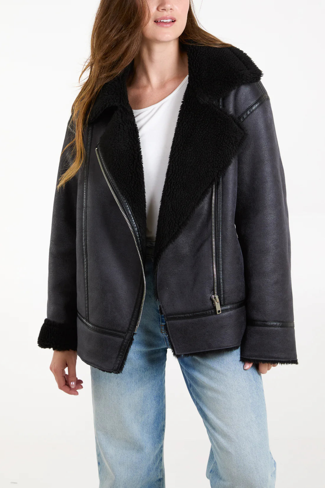 Phoebe Black Faux Shearling Biker/Aviator/Flying Jacket