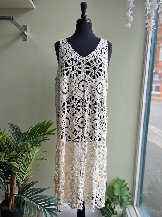 Carly Cotton Crochet Sun Dress - Ecru Or Cream
