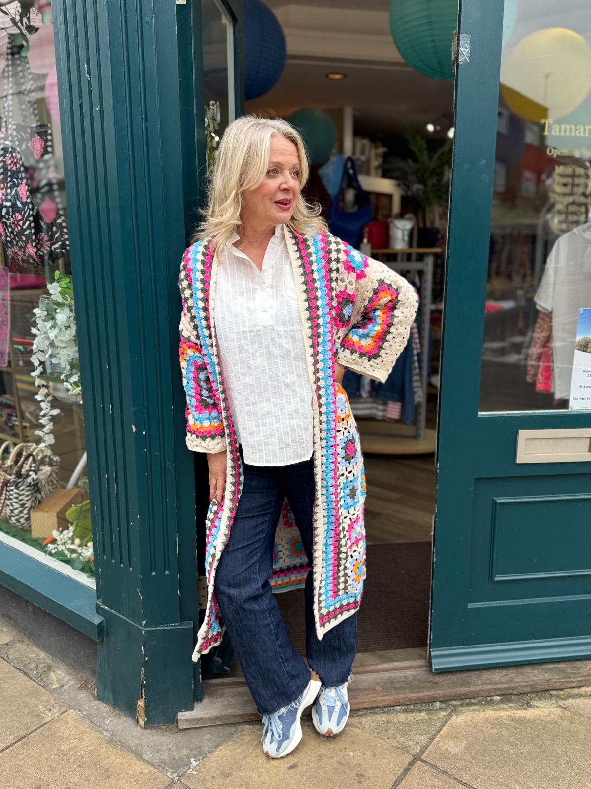 Ashley Boho Crochet Long Kimono  Cardigan- Multicoloured