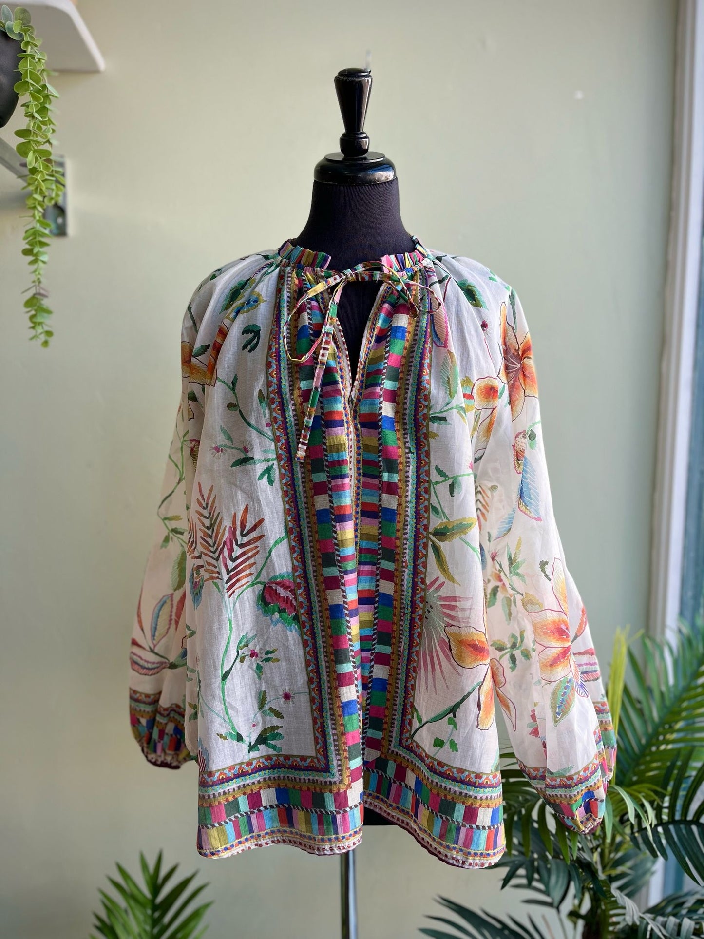 Cora Boho Tencel Chiffon Blouse - Botanical Placement Print - Muted Multi Tones