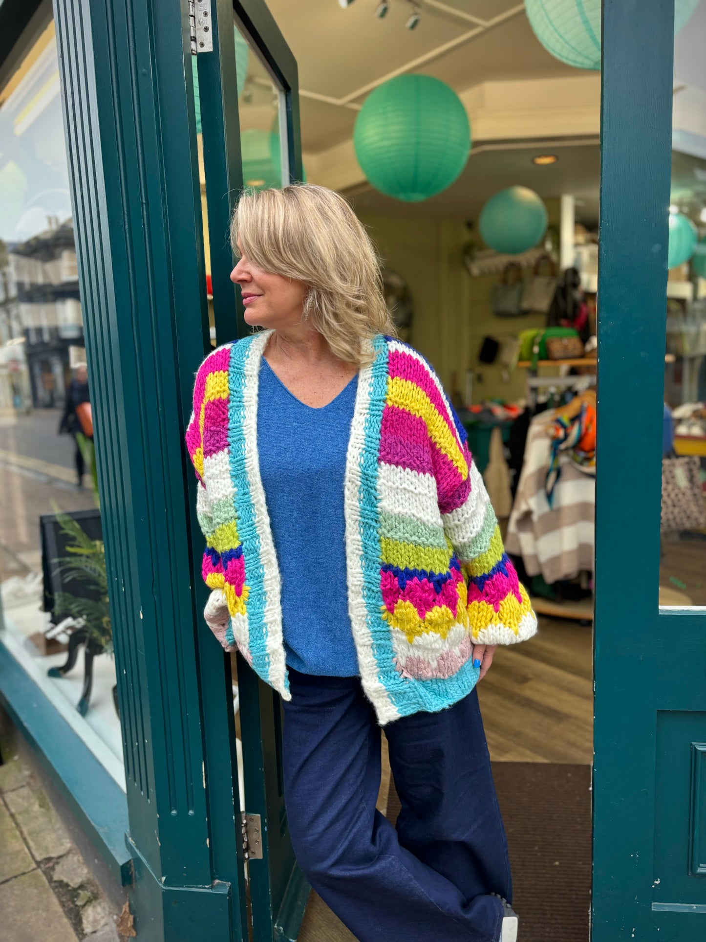 Multicoloured Striped Chunky Knit Oversized Cardigan - Rainbow 