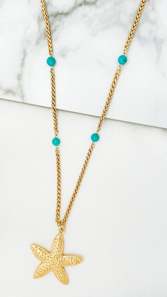 Envy Jewellery Long Gold Starfish Necklace With Turquoise Beads