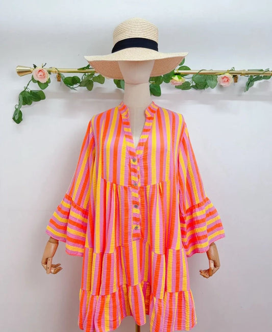 Bryony Orange, Pink& Yellow Striped Seersucker Cotton Short Tiered Dress