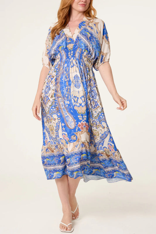 Callie Blue Paisley Boho Midi Dress