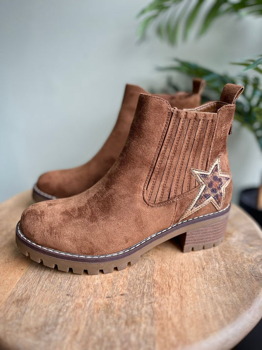 Tan Faux Suede Ankle Boots With Leopard Print Star