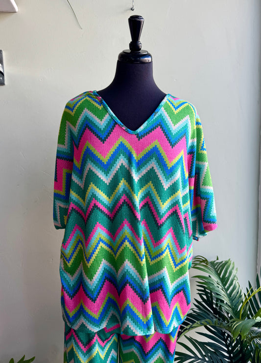Sabrina Zig Zag Jersey Co-Ord Trouser Set - Green, Pink Or Blue