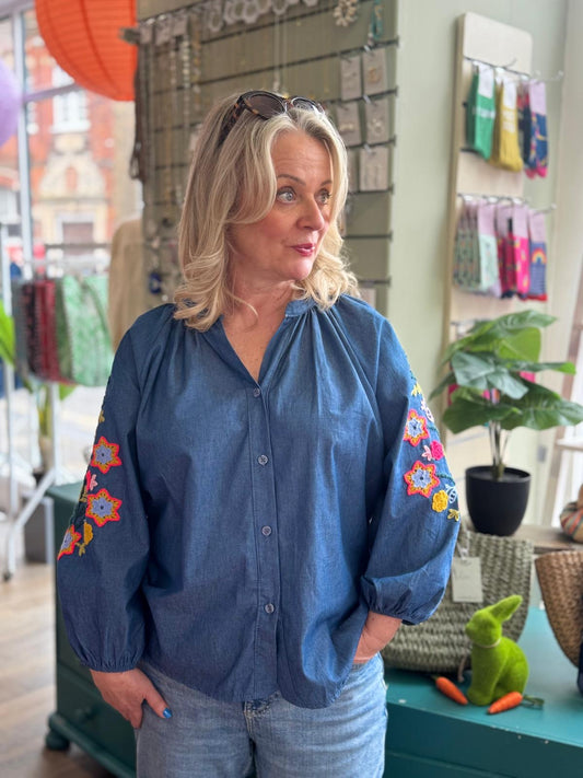 Alma Embroidered Cotton Chambray Blouse