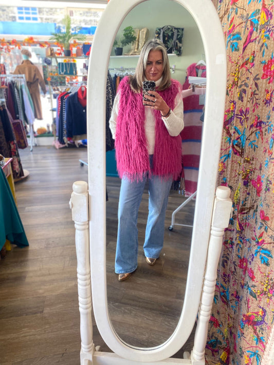 Shake A Tail Feather Shaggy Faux Fur Gilet - Magenta Winter White Or Duck Egg Blue