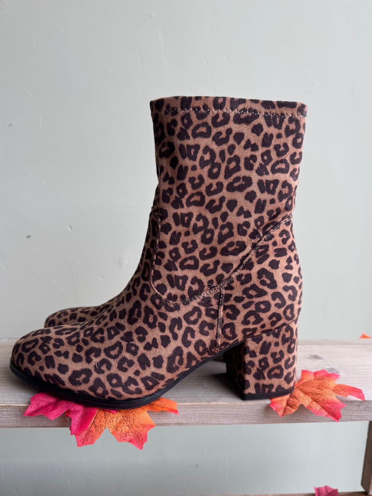 Leopard Print Block Heel Faux Suede Ankle Boots