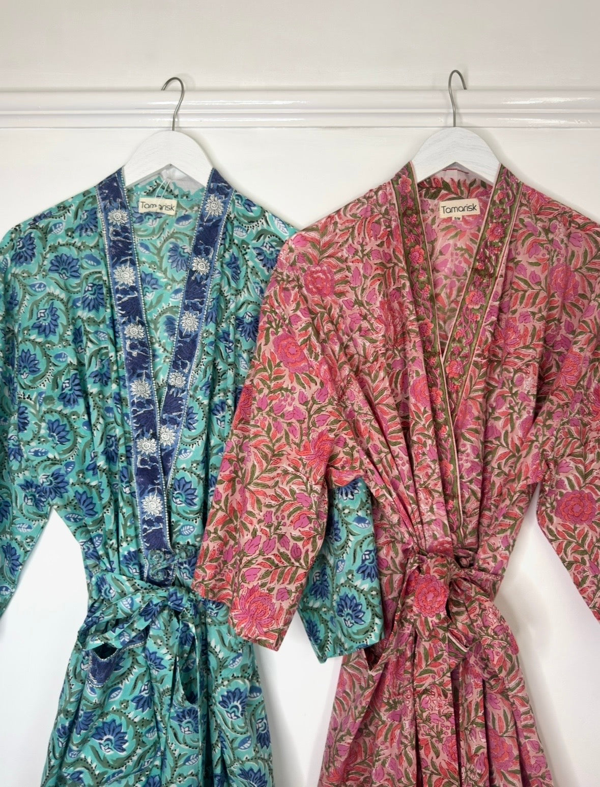 Tamarisk Bazaar Luxury Hand-Block Printed Indian Cotton Dressing Gown Robe - Blue & Green