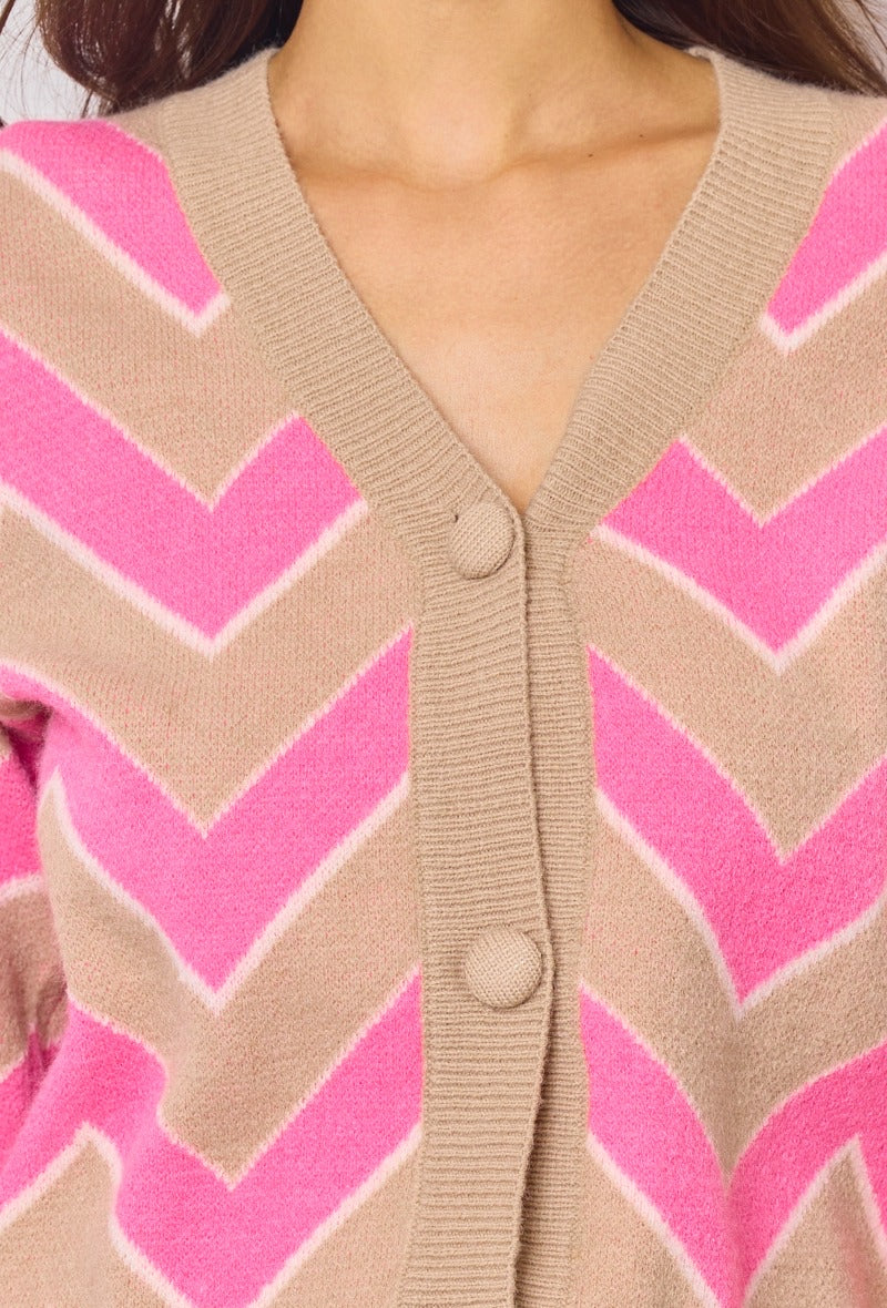 Amelia Zig Zag Soft Knit Cardigan  - Pink & Beige