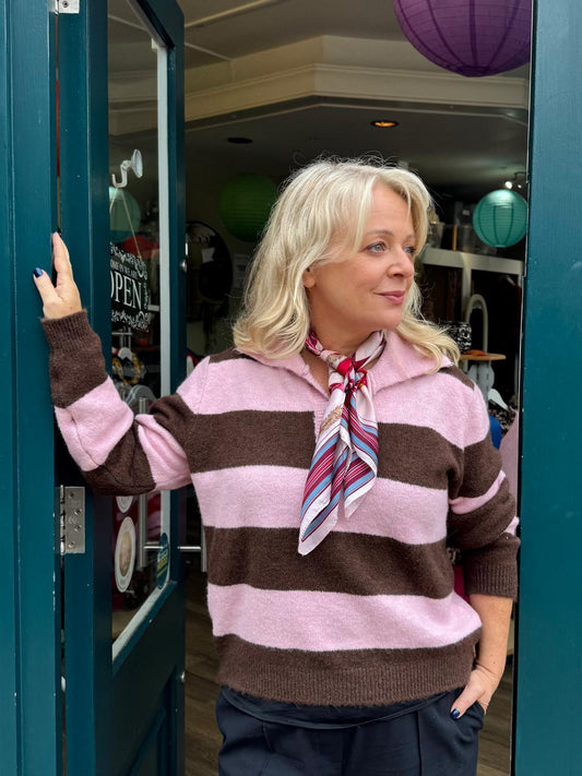 Coleen Striped Wool Blend Women’s Rugby Style Jumper - Pink & Brown Or Burgundy & Brown